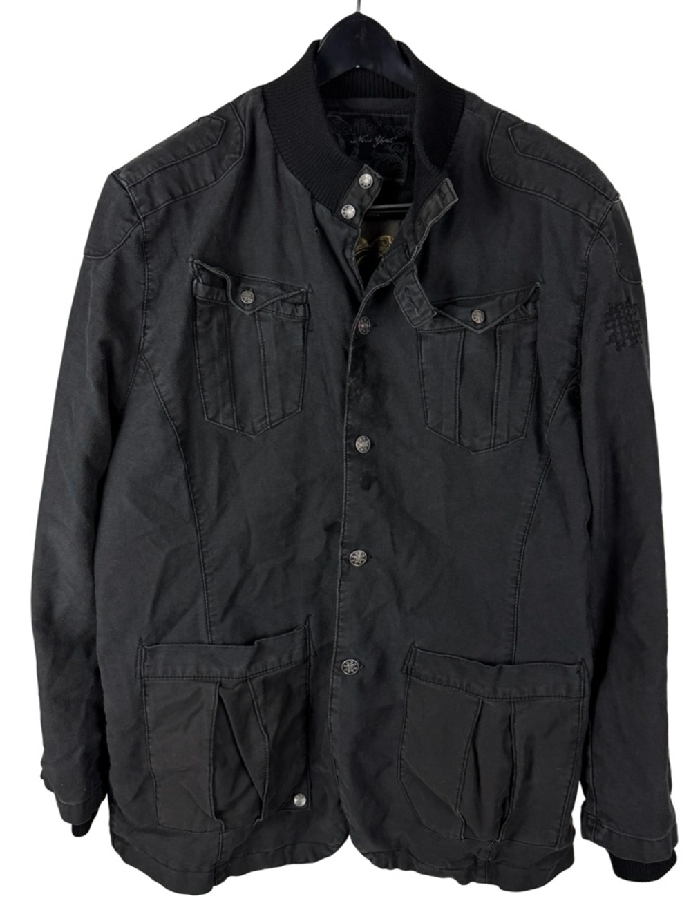 Mens Y2K Caffeine New York Grunge Skate Utility Black Jacket Size XL